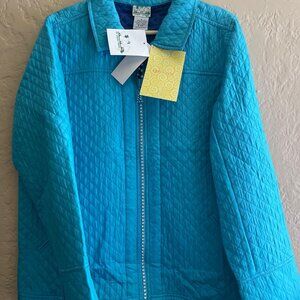 Quacker Factory women’s Aqua full zip Reineston Detail quilted Jacket 100%silk L